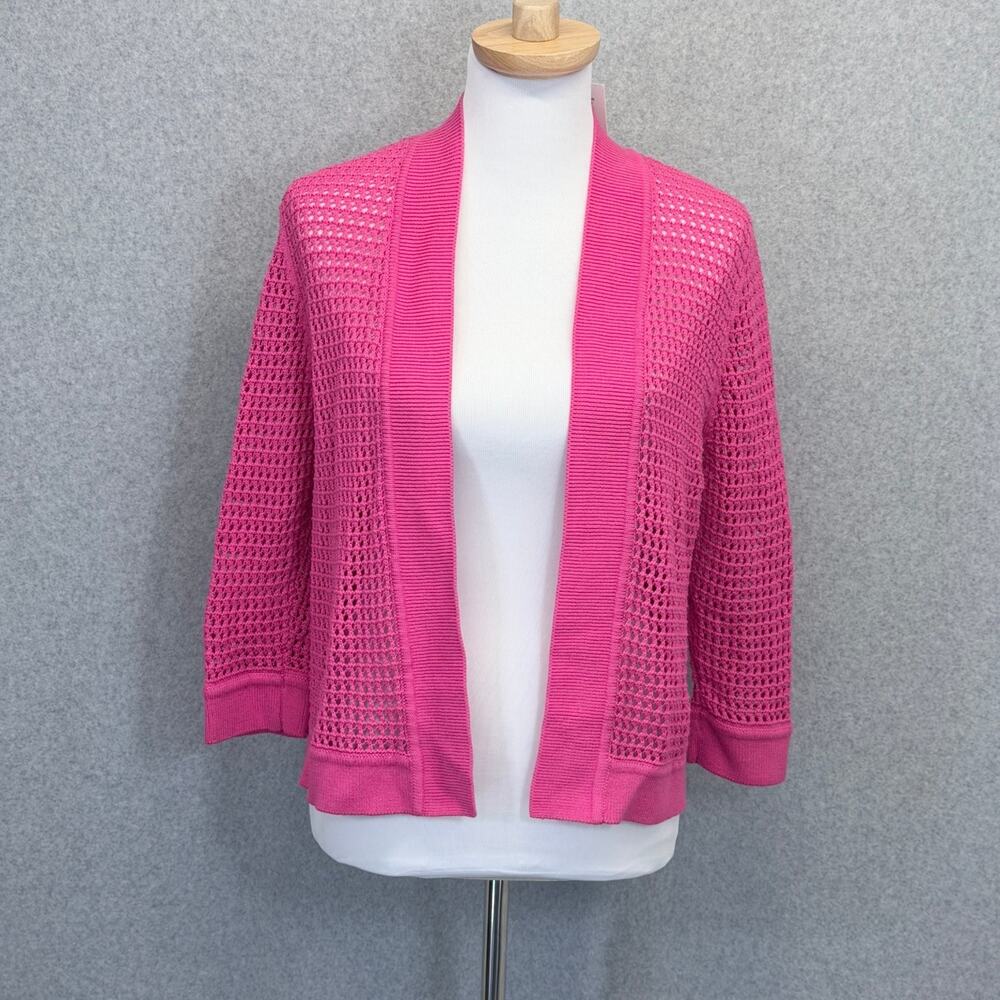 Jones Studio Petite M Hot Pink Open Knit Pointelle Cardigan Sweater NWT $42.50